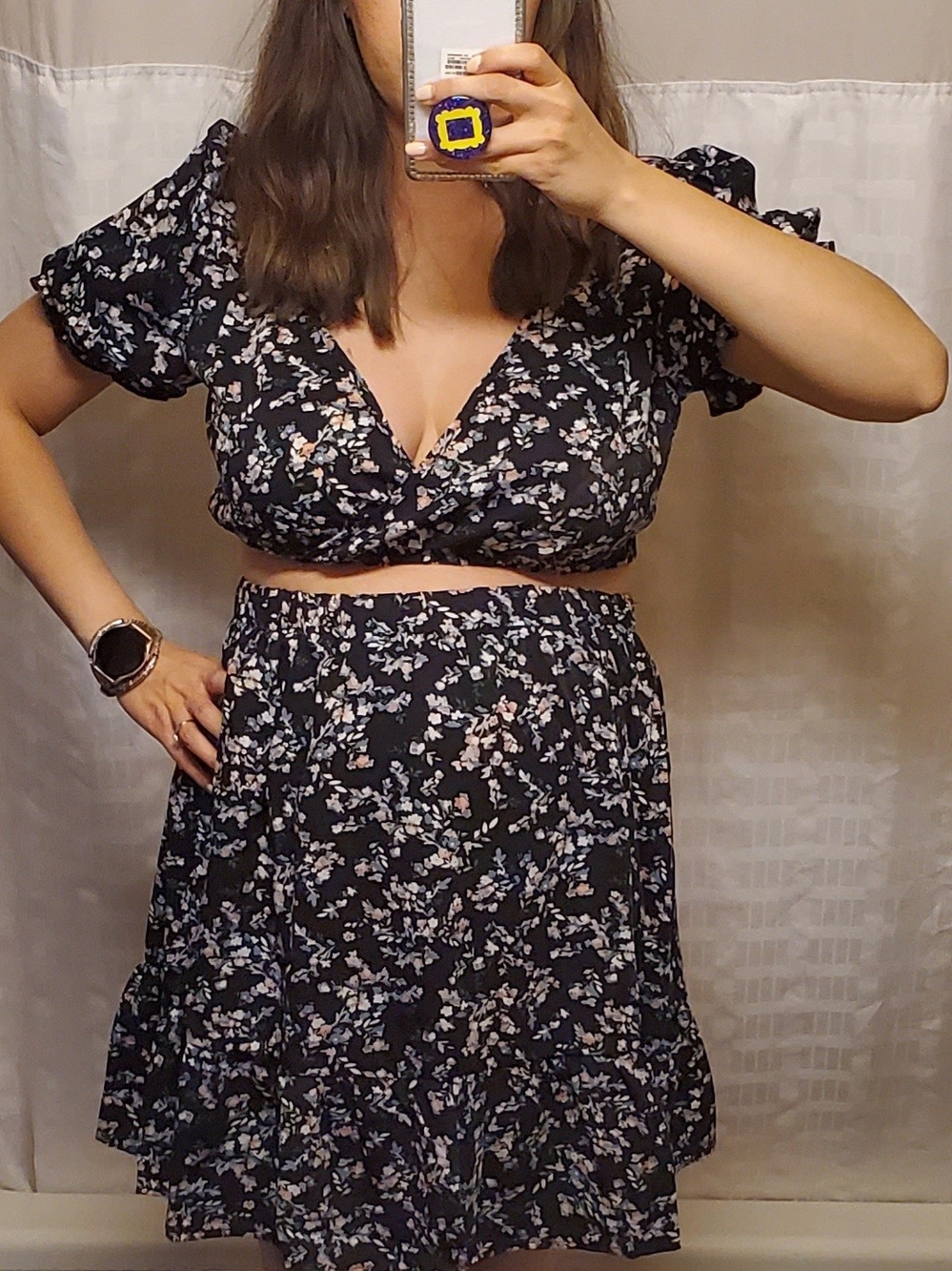Maternity 2 Piece Floral Ruffle Skirt & Crop Top in Black